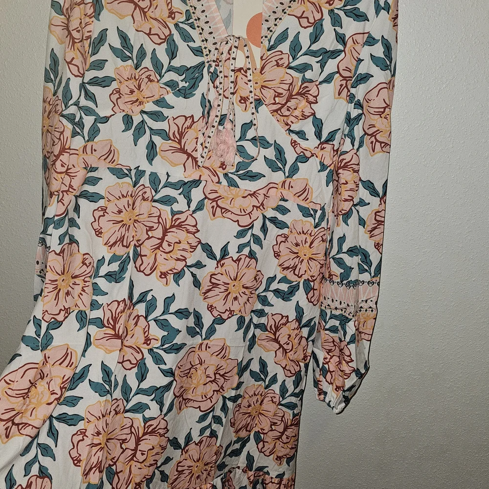 SunnySpirit Floral Boho Maxi Dress V-Neck Balloon Sleeve Tassel Size L - Picture 5 of 14